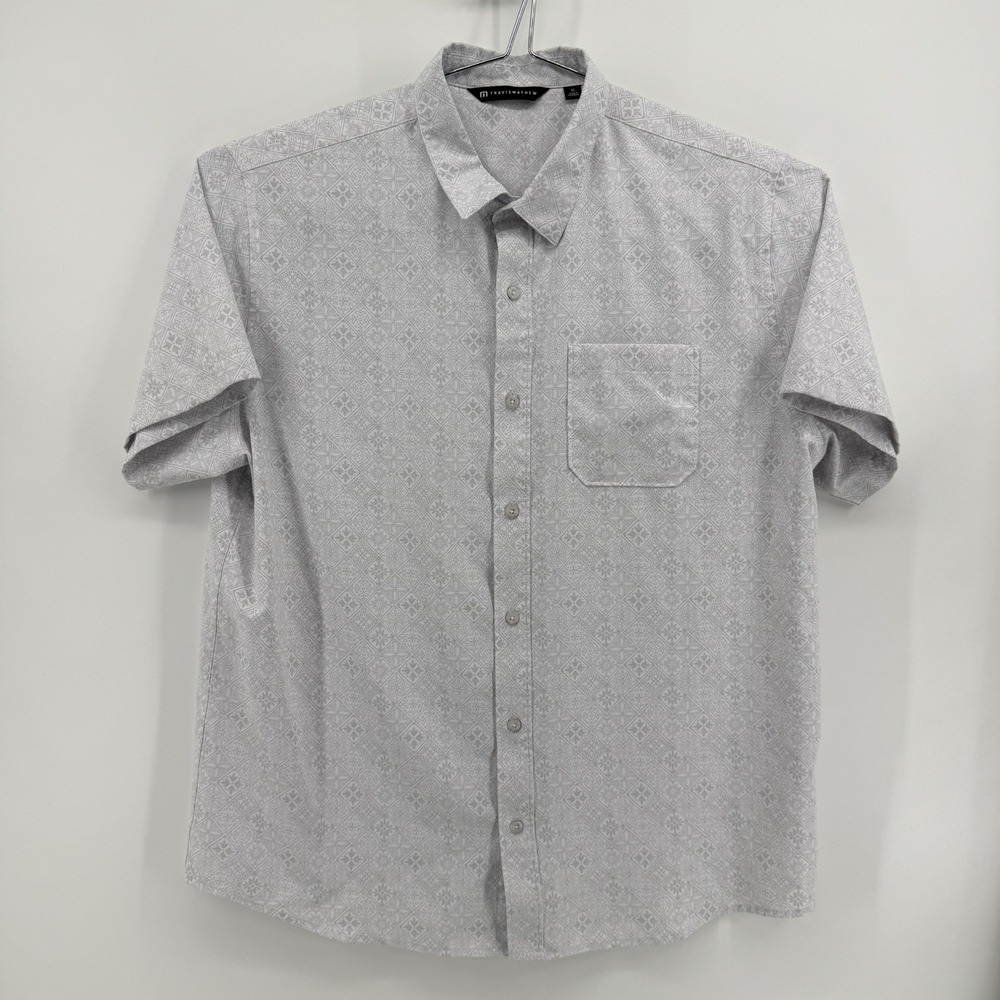 TravisMathew Button Down Mens XL Grey Geometric Polyester Short Sleeve Shirt